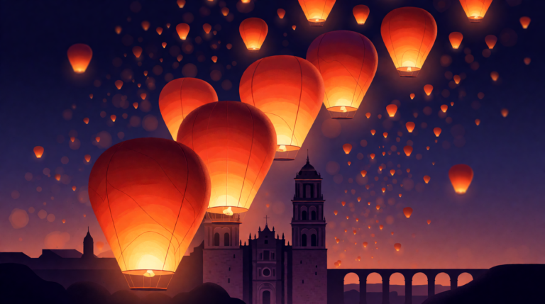 Elevación masiva de globos de cantoya ilumina el cielo de Morelia este sábado