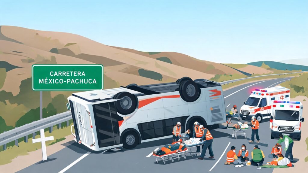 Volcadura de autobús en la carretera México-Pachuca deja un muerto y 30 lesionados